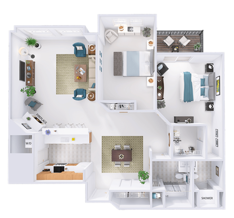 Floor plan for 2 beds, 2 baths, 1383 sqft